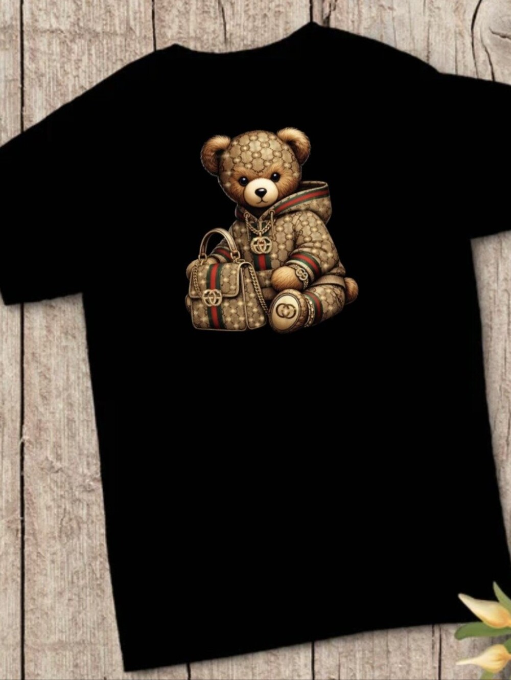 Luxury Teddy Bear Rhinestone Graphic Tee - Black Size M